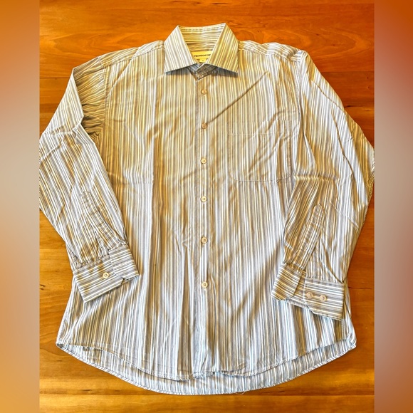 Pronto Uomo- white/blue/black striped button down shirt- M - Picture 3 of 7